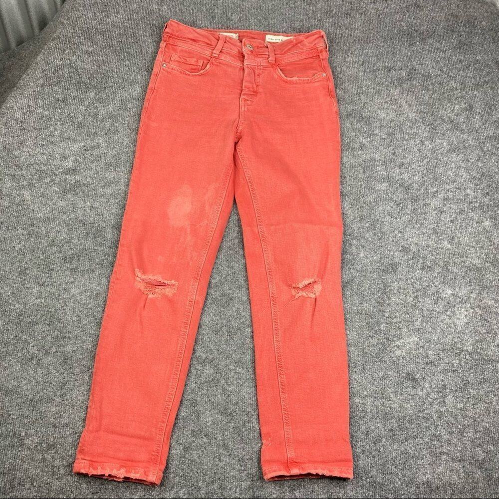 Pilcro Jeans Womens Size 26 Coral‎ Red High-Rise Slim Distressed Raw Hem Stained